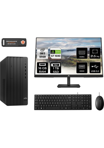 Pro Tower 290 G9 Intel Core I3 13100 16GB 1tb SSD GT1030/4GB 21.5" Fhd Monitör Fdos 8T2X0ES Masaüstü Bilgisayar & Per4 USB Bellek 8T2X0ESMNT3313