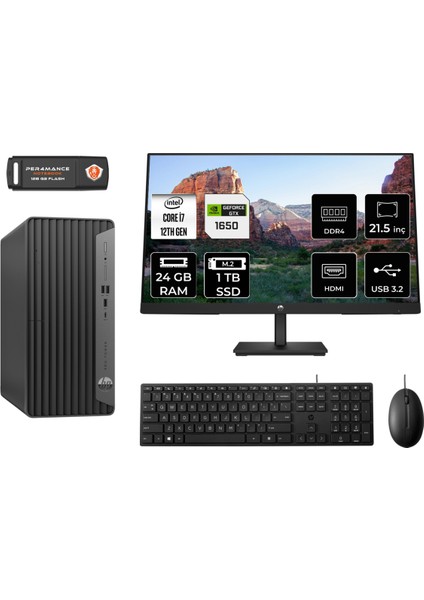 Pro Tower 400 G9 Intel Core I7 12700 24GB 1tb SSD GTX1650/4GB 21.5" Fhd Monitör Fdos 6U3M9EA Masaüstü Bilgisayar & Per4 USB Bellek 6U3M9EAMNT4323