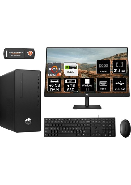 295 G9 Amd Ryzen 3 5300G 40GB 4tb SSD GT1030/4GB 21.5" Fhd Monitör W11P 6D391EA Masaüstü Bilgisayar & Per4 USB Bellek 6D391EAMNT3440