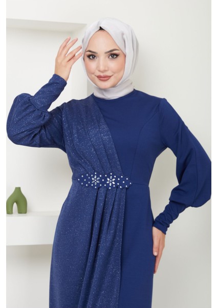 Aplike Taşlı Uzun Günlük Abiye Elbise 2721