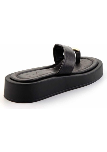 Kadın Terlik Hakiki Deri Siyah Altın Renk Düz Topuklu Günlük Kullanım İçin fırsatları