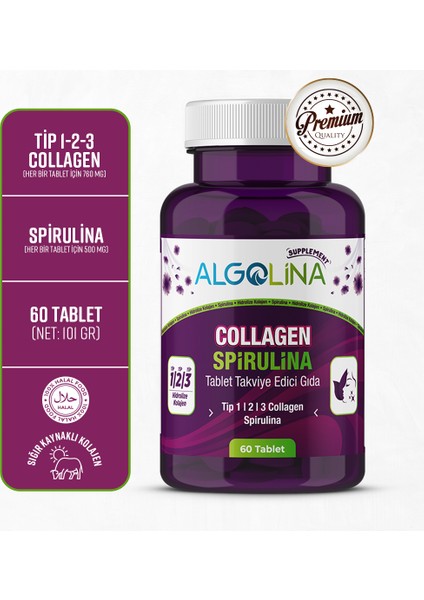 Collagen + Spirulina Tablet Takviye Edici Gıda - 1260 mg 60 Tablet - (Kolajen Tip 1 2 3)