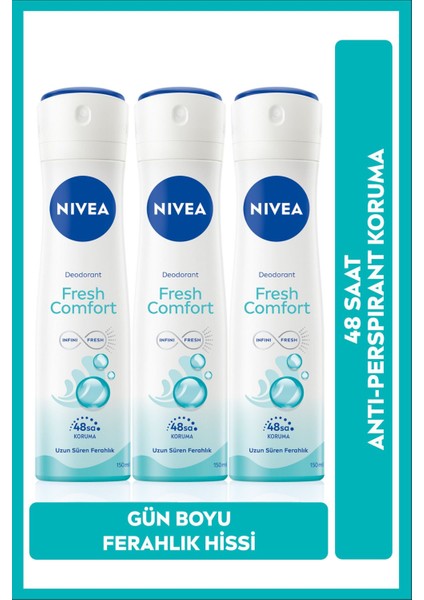 Kadın Sprey Deodorant Fresh Comfort Ter Kokusuna Karşı 48 Saat Koruma, 150 ml x 3 Adet