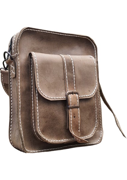 Horus Model El Yapımı Vintage Hakiki Deri Omuz Çantası Unisex Postacı Çanta Bej
