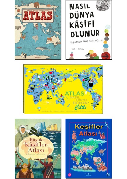 Atlas Kıtalar, Denizler ve Kültürler Arası Yolculuk Rehberi + Nasıl Dünya Kaşifi Olunur + Büyük Kaşifler Atlası + Keşifler Atlası + Atlas Nasıl Dönüyor Dünya? / 5 Kitap Set Çocuk Etkinlik Kitapları