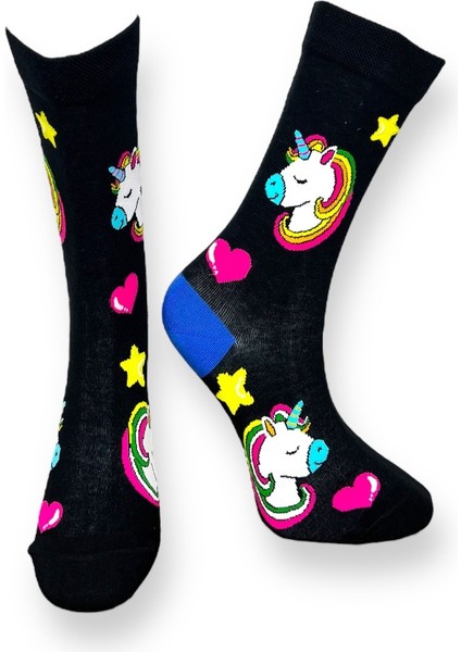 2'li Unicorn Desenli Unisex Esnek Nem Alabilen Pamuklu Çok Renkli Soket Çoraplar