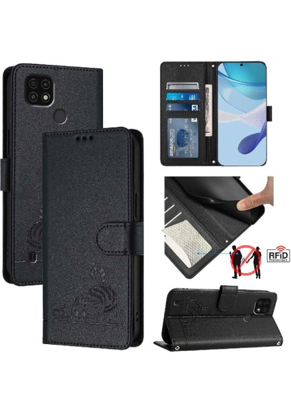 Realme C20 Kedi Rfıd Cüzdan Kapak Çevirin Kart Yuvası Tutucu Kickstand (Yurt Dışından)