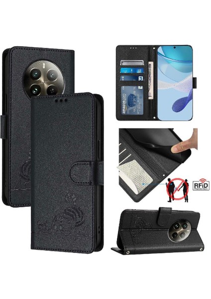 Realme 12 Pro Artı 5g Kedi Rfıd Kart Yuvası Tutucu Kickstand Cüzdan (Yurt Dışından)