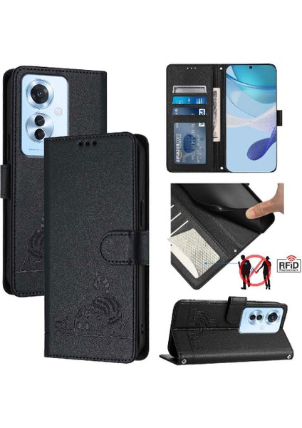 Oppo Için Kılıf Oppo 11F 5g Kedi Rfıd Kart Yuvası Tutucu Kickstand Cüzdan Flip (Yurt Dışından)