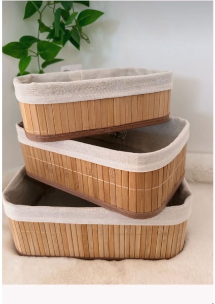 Bambu Naturel 3'lü Düzenleyici Organizer Sepet Seti / Banyo,makyaj Düzenleyici