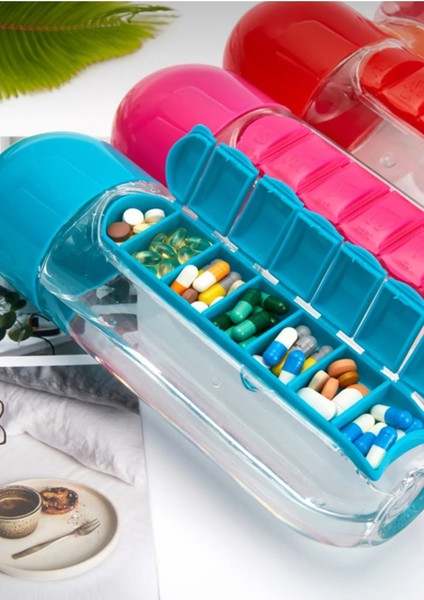 Pillbox Su Mataralı Hap Bölmeli Mavi Ilaç Kutusu Suluk 600ML Kapasiteli