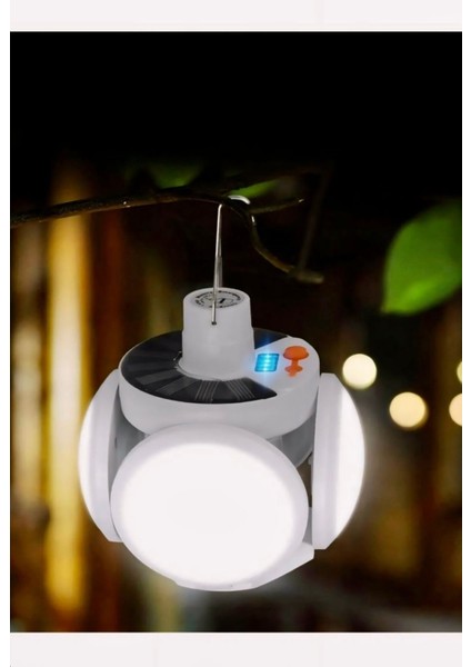 Yuvarlak Solar LED Kamp Lambası Işıldak Usb’den Gün Işığında Şarj 5 Kanatlı 90°