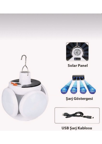 Yuvarlak Solar LED Kamp Lambası Işıldak Usb’den Gün Işığında Şarj 5 Kanatlı 90° indirimleri
