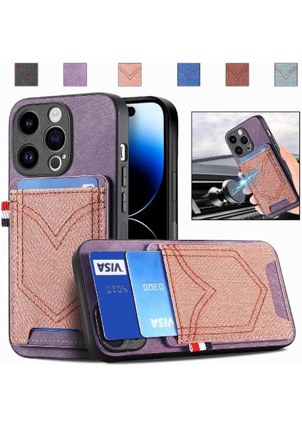 IPhone 14 Için Kılıf Pro Max Manyetik Araç Montaj Crad Yuvası Kot Cep (Yurt Dışından)