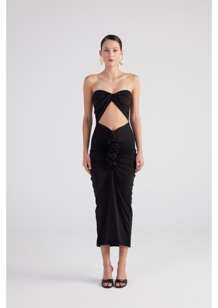 Büzgü Detaylı Straplez Yırtmaçlı Hailey Elbise Siyah fiyatları
