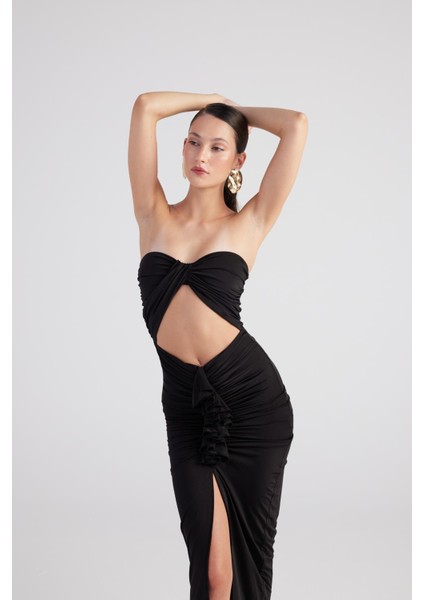 Büzgü Detaylı Straplez Yırtmaçlı Hailey Elbise Siyah modelleri