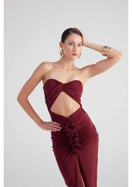 Büzgü Detaylı Straplez Yırtmaçlı Hailey Elbise Bordo modelleri