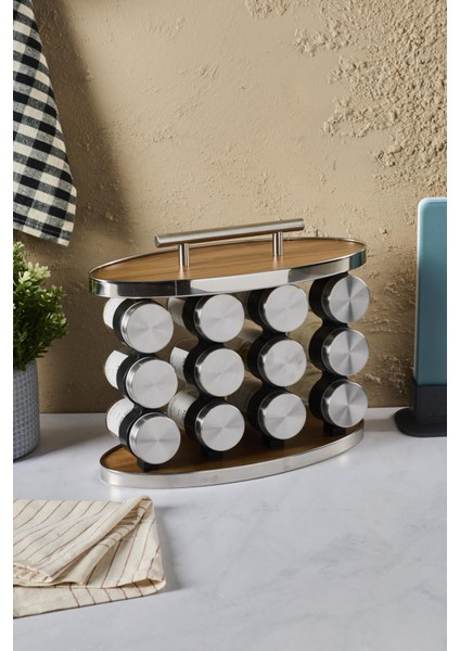 Ahşap Döner Standlı Oval Cam Metal Kapaklı Casa Wood 12`li Standlı Baharatlık Düzenleyici
