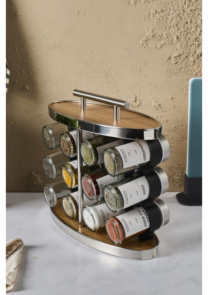 Ahşap Döner Standlı Oval Cam Metal Kapaklı Casa Wood 12`li Standlı Baharatlık Düzenleyici fiyatları