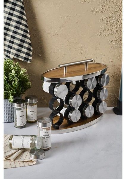 Ahşap Döner Standlı Oval Cam Metal Kapaklı Casa Wood 12`li Standlı Baharatlık Düzenleyici modelleri