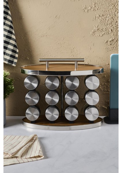 Ahşap Döner Standlı Oval Cam Metal Kapaklı Casa Wood 12`li Standlı Baharatlık Düzenleyici fırsatları