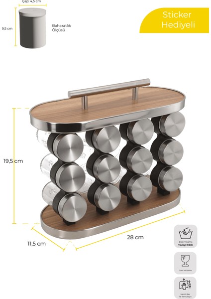 Ahşap Döner Standlı Oval Cam Metal Kapaklı Casa Wood 12`li Standlı Baharatlık Düzenleyici indirimleri