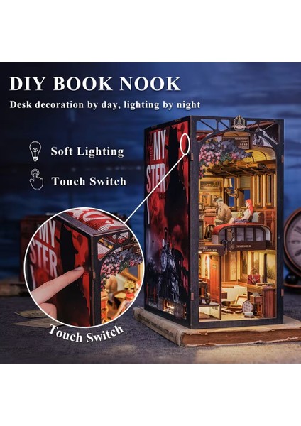 Ahşap Book Nook Kiti, Toz Koruma Kılıflı, Kendin Yap Oyuncak Bebek Evleri, Minyatür Ev Kiti, LED Işıklı, Booknook Evleri, Yetişkinler Için Model Yapı Setleri - Train Mystery Case (BN01B-AMZ01)