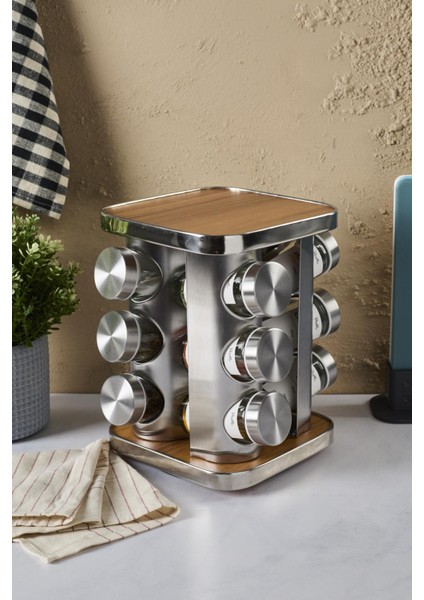 Ahşap Döner Standlı Kare Cam Metal Kapaklı Casa Wood 12`li Standlı Baharatlık Düzenleyici