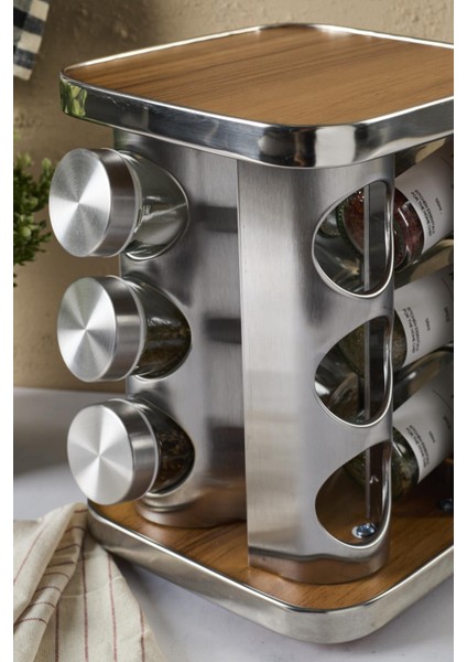 Ahşap Döner Standlı Kare Cam Metal Kapaklı Casa Wood 12`li Standlı Baharatlık Düzenleyici fiyatları