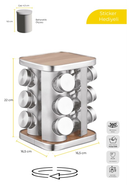 Ahşap Döner Standlı Kare Cam Metal Kapaklı Casa Wood 12`li Standlı Baharatlık Düzenleyici indirimleri