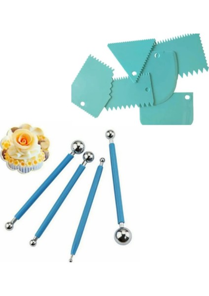 Marzipan Seti Metal 4lü ve Pasta Dekor Tarağı 6lı Pastacılık Seti 10LU Şeker Hamuru Pasta Sıvama