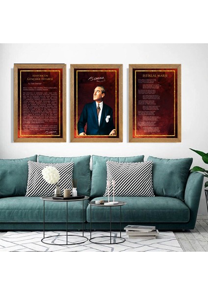 Atatürk, Gençliğe Hitabe, Istiklal Marşı Çerçeveli Cam Tabloları 3'Lü Set 20x30 Cm