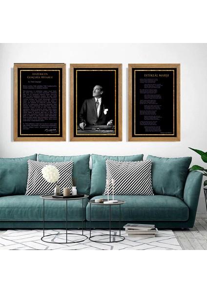 Atatürk, Gençliğe Hitabe, Istiklal Marşı Çerçeveli Cam Tabloları 3'Lü Set 20x30 Cm