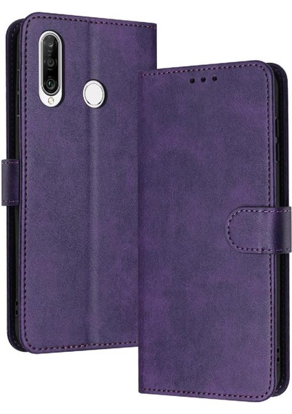 ile Huawei P30 Lite Kickstand Pu Deri Saf Renk Için Flip Case (Yurt Dışından)