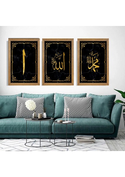 Allah, Hz. Muhammed, Elif Baskılı,Dini Tablo, Çerçeveli Cam Tablo 3'Lü Set 30x45 Cm