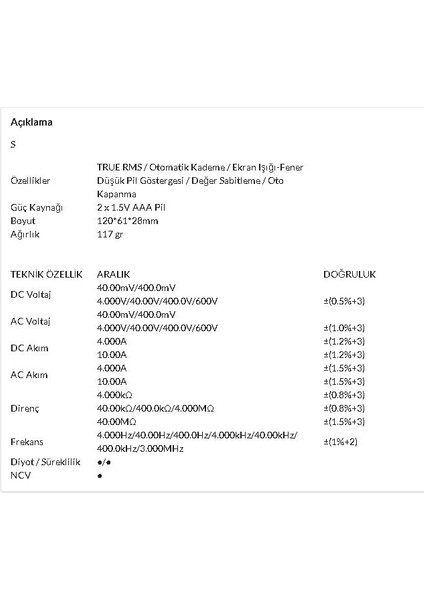 Toolfix Tf C1 True Rms Dijital Multimetre Ölçü Aleti;ub