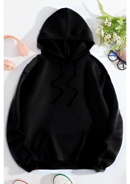 Unisex 3 Iplik Kalın Içi Pamuklu Şardonlu Kanguru Cepli Bol Kesim Hoodie Okul Sweatshirt