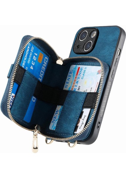 IPhone 14 Için Kılıf Fermuar Kapatma Standı Premium Deri 7 Kart Yuvaları (Yurt Dışından)
