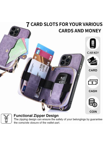IPhone 14 Için Kılıf Pro Standı 7 Kart Yuvaları Fermuar Kapatma Ayarlanabilir (Yurt Dışından)