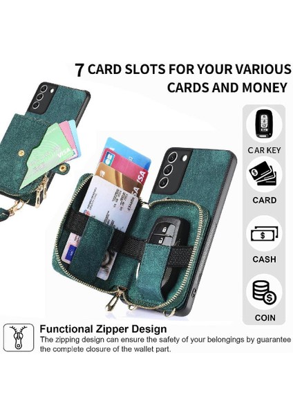 Samsung Galaxy S22 Premium Deri Standı 7 Kart Yuvaları Fermuar (Yurt Dışından)
