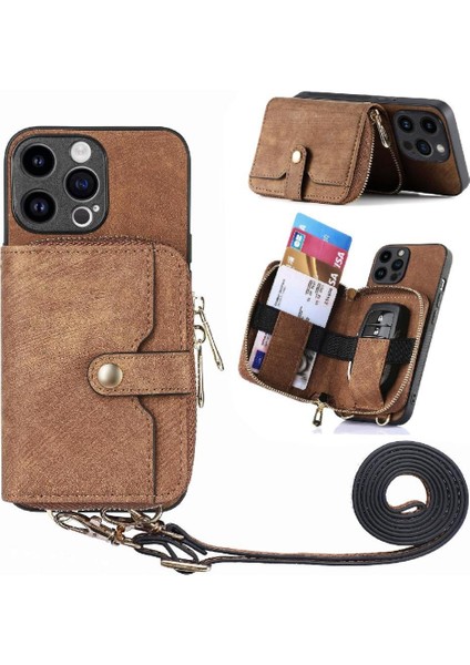 IPhone 15 Için Kılıf Pro Premium Deri Standı Ayarlanabilir Kordon Fermuar 7 (Yurt Dışından)