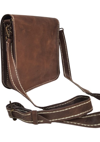 Artemis Model Hakiki Deri El Yapımı Koyu Kahve Unisex Tek Körüklü Küçük Postacı Çantası Vintage Model