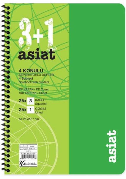 Defter A4 3+1 100 Yaprak Ayraçlı Plastik Kapak Asist