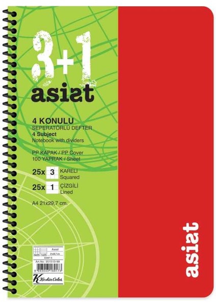 Defter A4 3+1 100 Yaprak Ayraçlı Plastik Kapak Asist