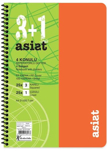 Defter A4 3+1 100 Yaprak Ayraçlı Plastik Kapak Asist