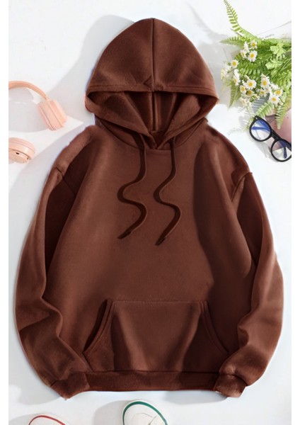 Unisex 3 Iplik Kalın Içi Pamuklu Şardonlu Kanguru Cepli Bol Kesim Hoodie Okul Sweatshirt
