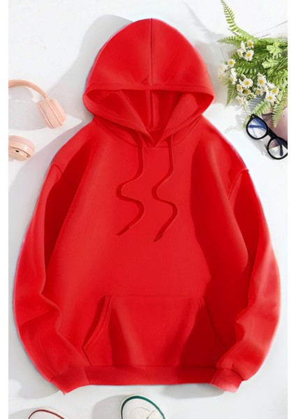 Unisex 3 Iplik Kalın Içi Pamuklu Şardonlu Kanguru Cepli Bol Kesim Hoodie Okul Sweatshirt