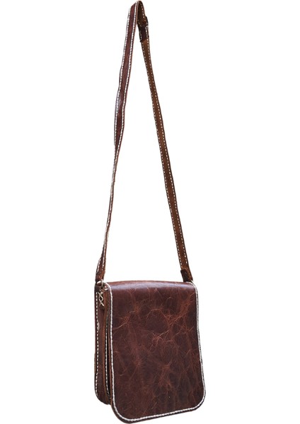 Artemis Model Hakiki Deri El Yapımı Unisex Efektli Kahve Tek Körüklü Küçük Postacı Çantası Vintage Model