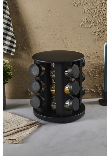 Siyah Döner Standlı Yuvarlak Cam Siyah Kapaklı Casa Black 12`li Standlı Baharatlık Seti