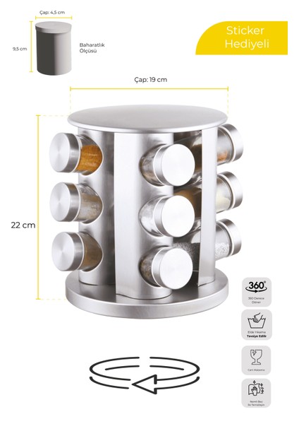 Siyah Döner Standlı Yuvarlak Cam Siyah Kapaklı Casa Black 12`li Standlı Baharatlık Seti indirimleri